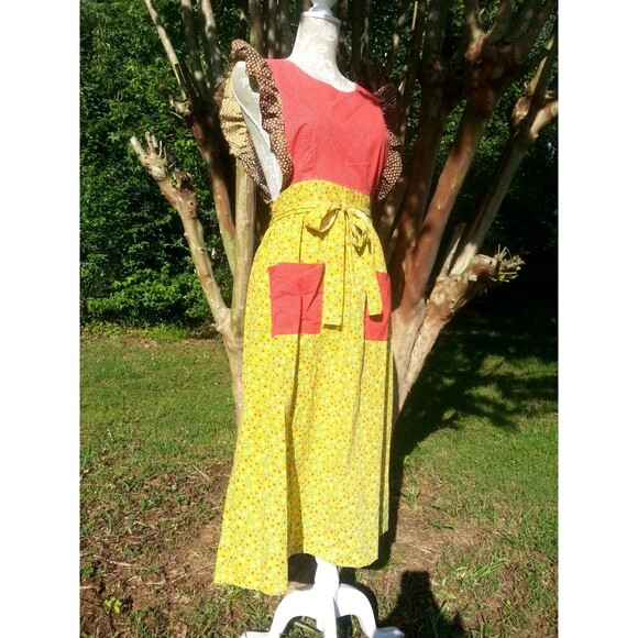 VTG 70s Cottagecore Calico Pinafore Country Ruffle Apron floral Wrap Dress OSFM - Picture 3 of 10